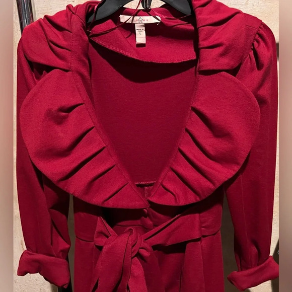 Fever Scalloped Dress Jacket Fabric Buttons Tie Belt Red Spandex blend Women's L - Picture 1 of 10